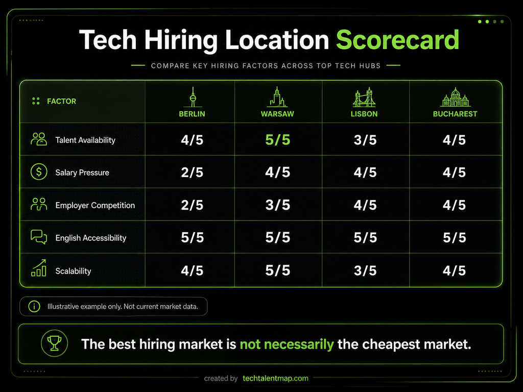Example tech hiring location scorecard comparing talent availability, compensation, competition and scalability across four European cities.